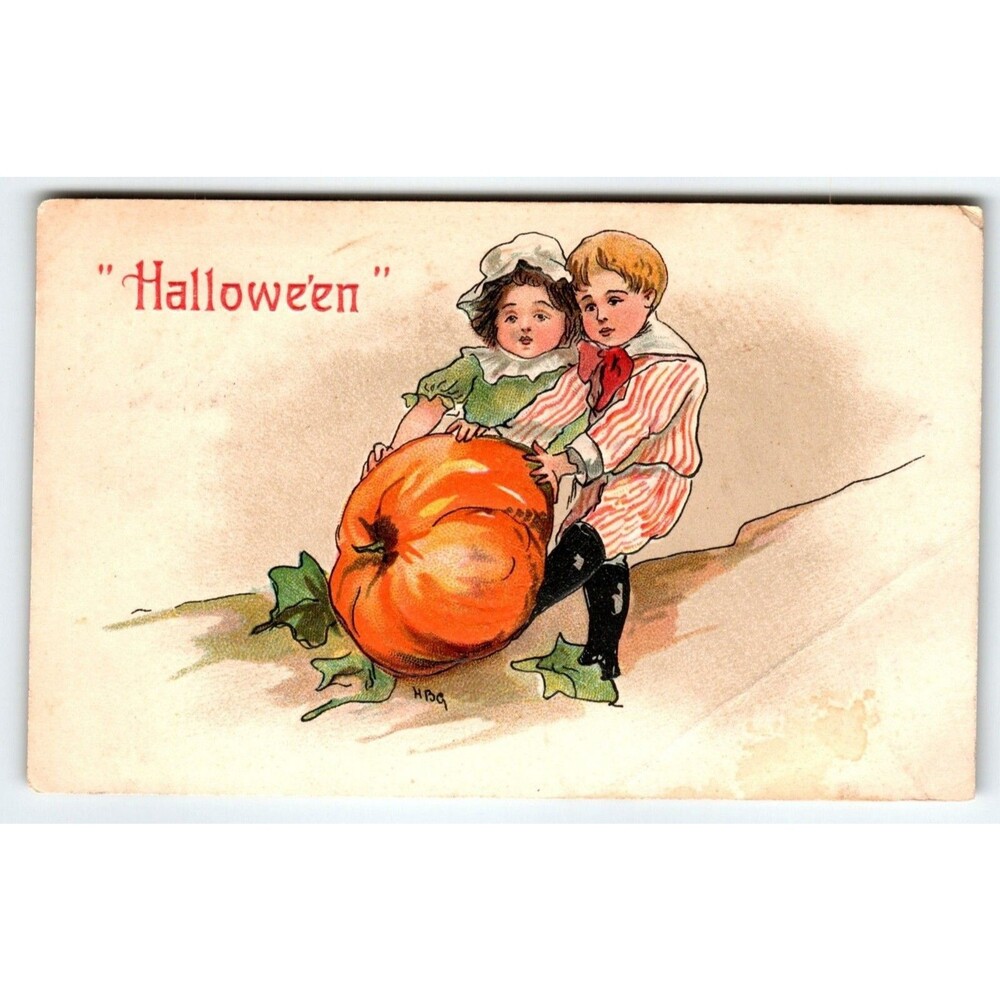 Halloween Postcard HBG HB Griggs Children Roll Big Pumpkin Up Hill Germany 2214